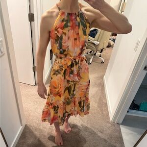 Vince Camuto Floral Midi Dress in Orange and Yellow